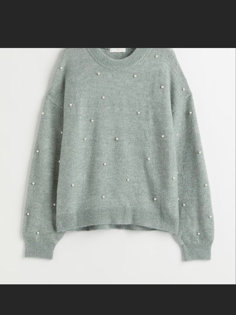 H&M Pearl-Embellished Crewneck Sweater in Sage Green
